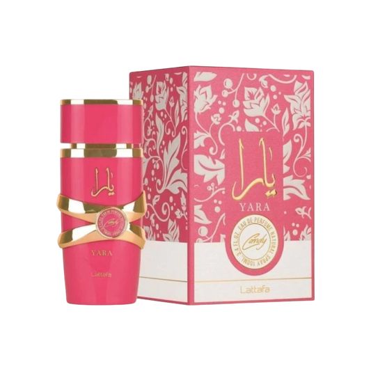 Perfume Yara Candy Original de BodegaPerfumera13 en frasco rosa vibrante con detalles dorados y caja decorada a juego