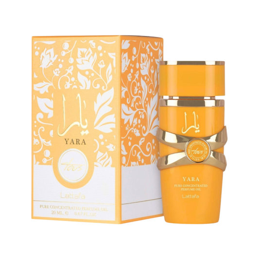 Perfume en aceite Yara Tous Lattafa de BodegaPerfumera13 con envase naranja y caja decorada con motivos florales