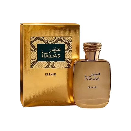 Perfume Hawas Elixir de KingParfumCol con frasco dorado y caja a juego con detalle de piel de serpiente