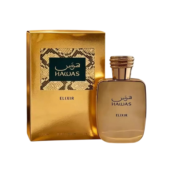 Perfume Hawas Elixir de KingParfumCol con frasco dorado y caja a juego con detalle de piel de serpiente