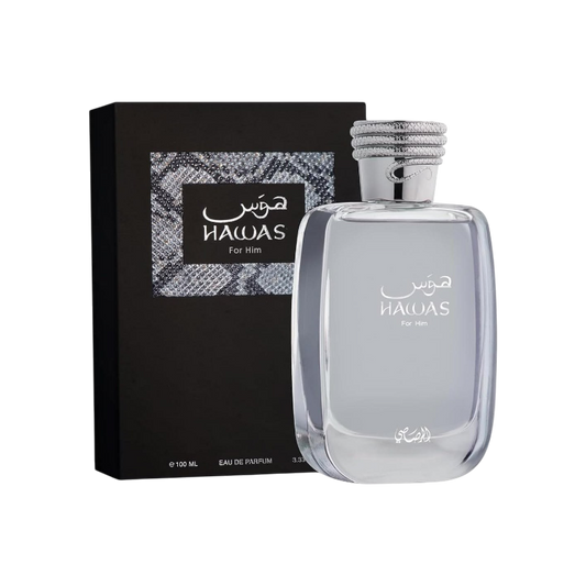 Perfume KingParfumCol Hawas For Him en frasco de cristal transparente con tapón plateado y caja negra elegante