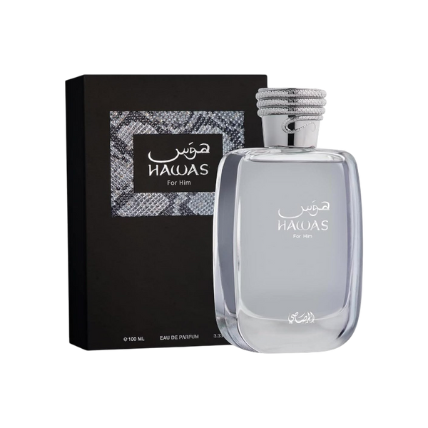 Perfume KingParfumCol Hawas For Him en frasco de cristal transparente con tapón plateado y caja negra elegante