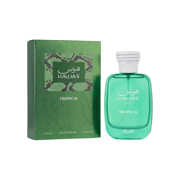 Perfume Hawas Tropical Original de KingParfumCol en frasco de vidrio verde con caja decorativa de hojas y serpiente