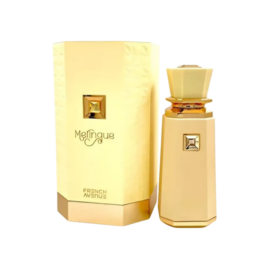 Perfume Meringue French Avenue de KingParfumCol en frasco beige elegante con detalles dorados y su caja a juego